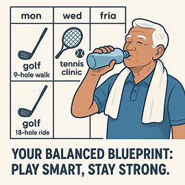 A calendar graphic overlaid with icons of golf clubs and tennis rackets, marking sample weekly schedules (e.g., "Mon: Golf 9-Hole Walk" and "Wed: Tennis Clinic"). Include a relaxed senior athlete sipping water post-game.