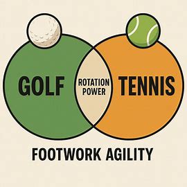 An infographic-style illustration with overlapping circles labeled "Golf" and "Tennis," highlighting shared benefits like "Rotation Power" and "Footwork Agility" in the intersection