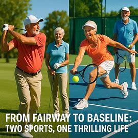  A vibrant split-image photo showing a golfer mid-swing on one side and a tennis player lunging for a forehand on the other, with a senior couple in both scenes to emphasize the over-55 vibe.