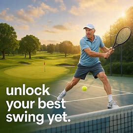 A scenic hero image of a lush golf course fading into a sunny tennis court, with an energetic 60-something player transitioning between them. 