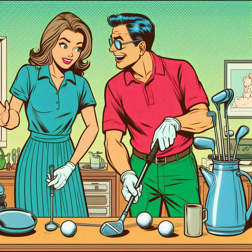 husband teaching wife to play golf