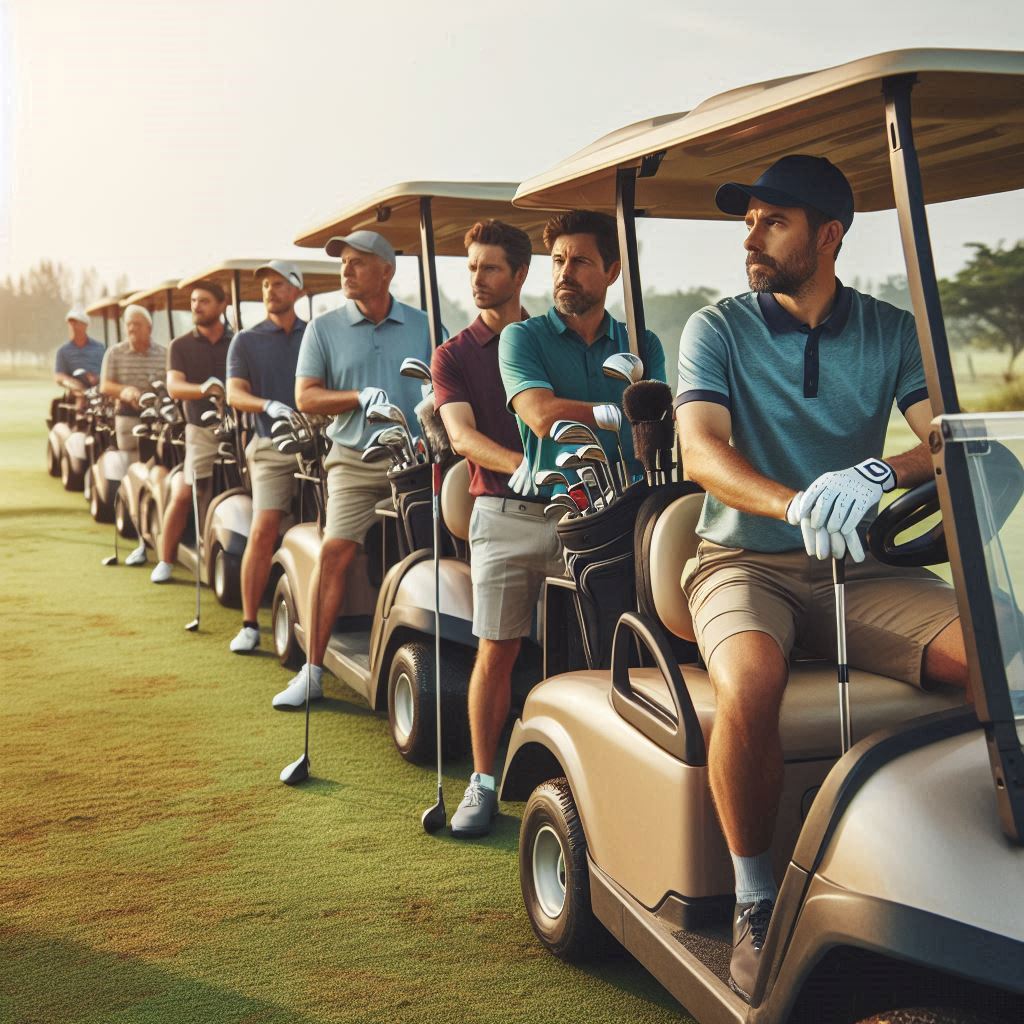 male golfers lined up in golf carts