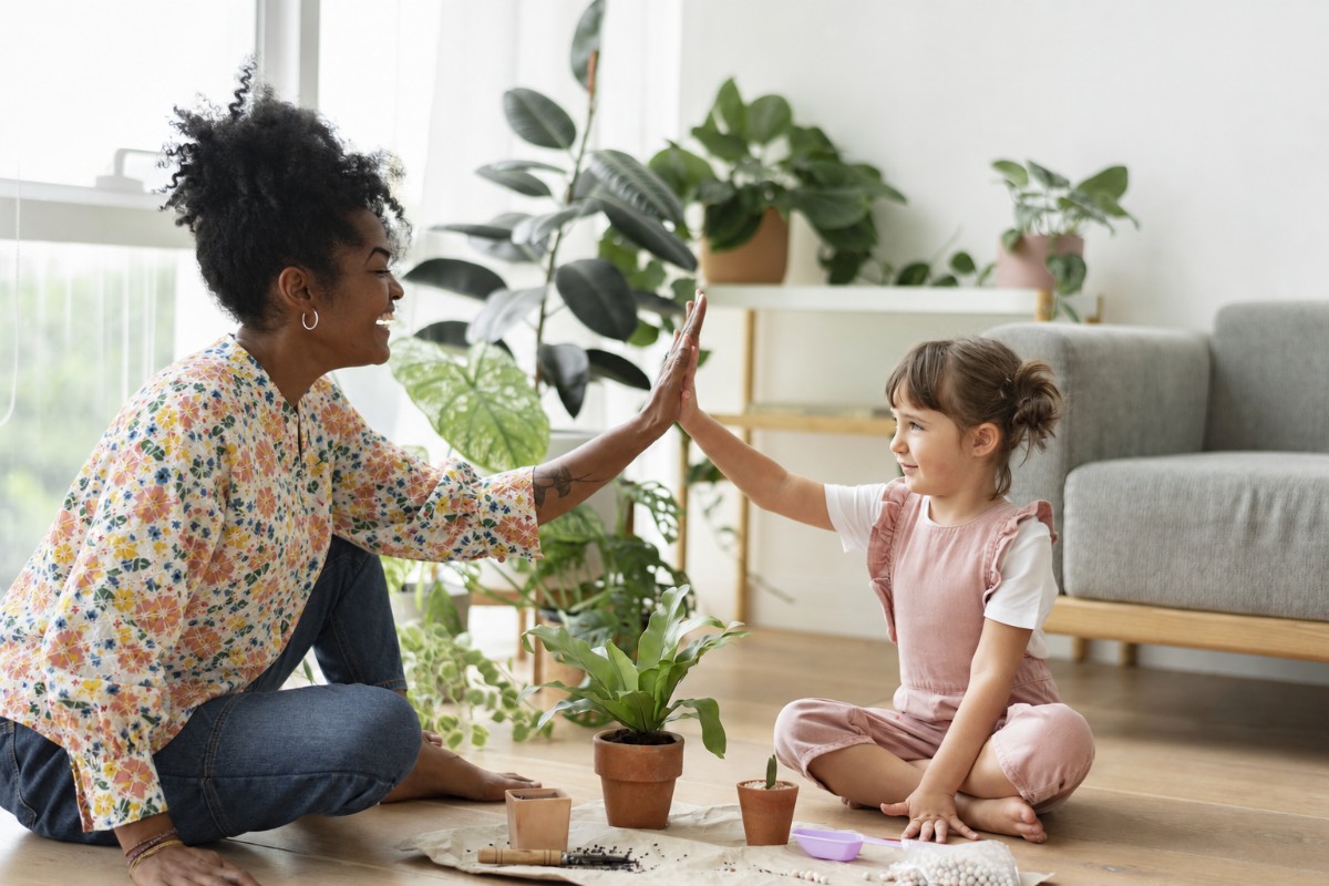 A mother and child sharing a high-five during a moment of celebration at home.