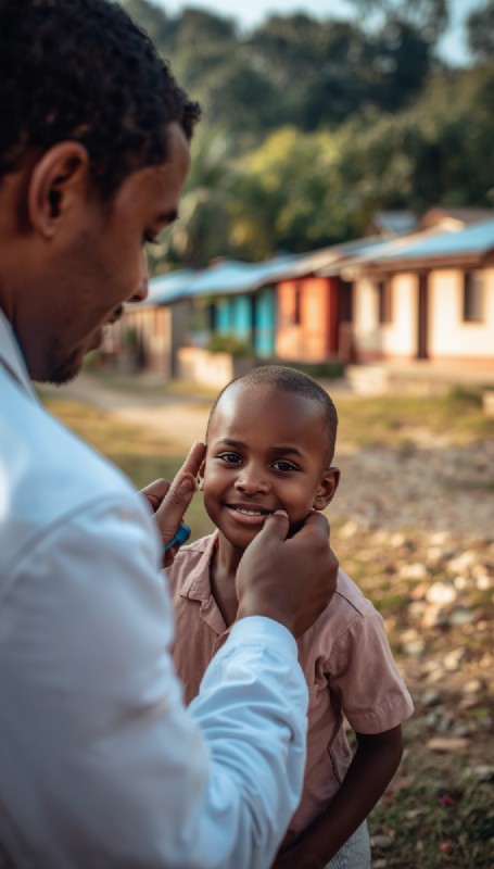 Doctor examining a young child in a village setting