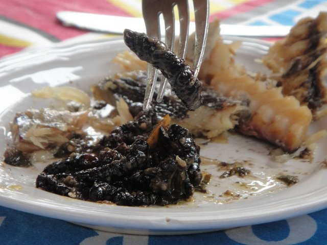 Plat du jour- grilled fish and caterpillars- tasted a little like.... chicken?