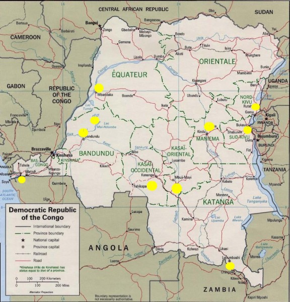The yellow dots indicate where our ten Bible schools are located throughout the country.